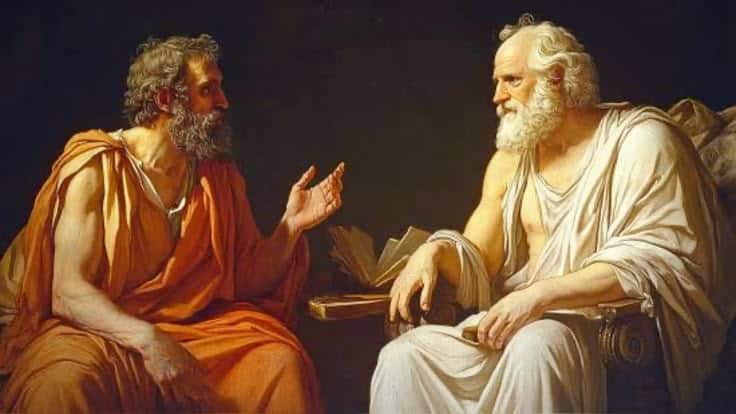 Painting of two philosophers in conversation, with a book between them.
