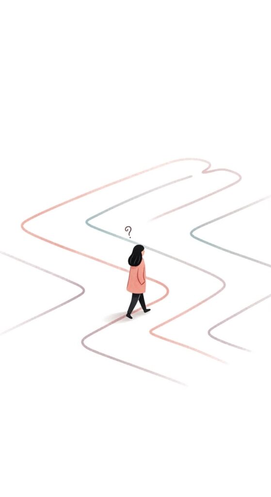 Illustration of a person considering several winding paths.