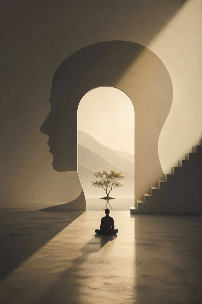 A seated figure facing a head-shaped doorway opening onto a tree and mountains in warm sunlight.