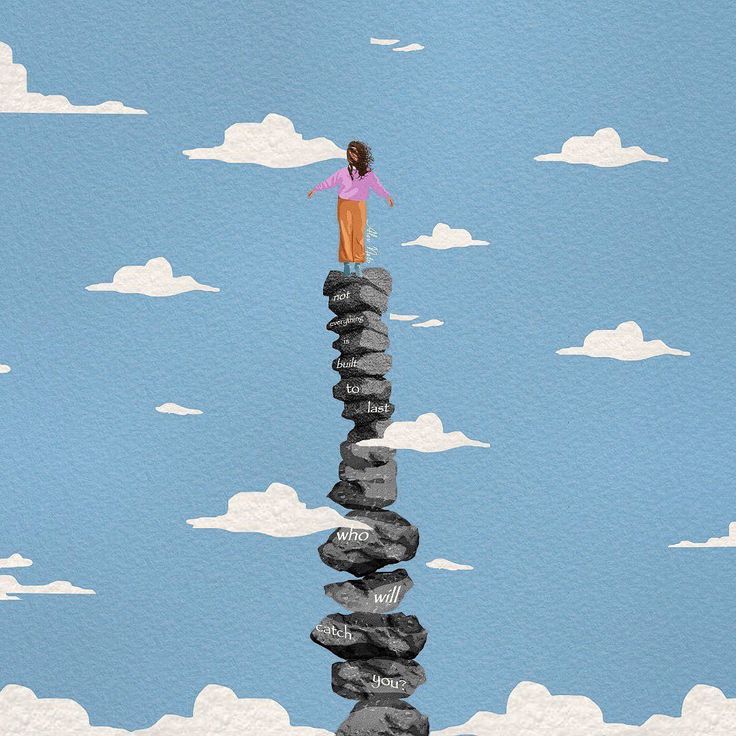 Illustration of a person standing atop a tall stack of stones among clouds in a blue sky.