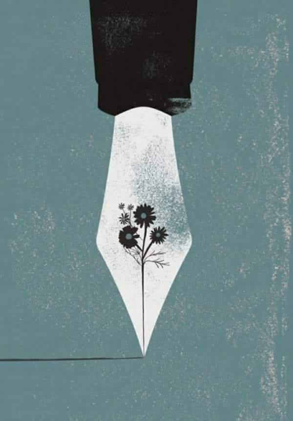 Illustration of a fountain pen nib containing flowers on a muted teal background.