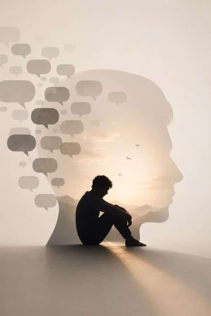 A seated figure within a profile silhouette, surrounded by speech bubbles and a mountain landscape.